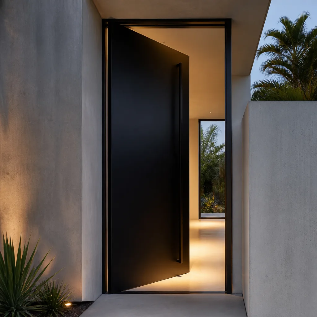 Modern oversized black pivot door installation in a contemporary home exterior