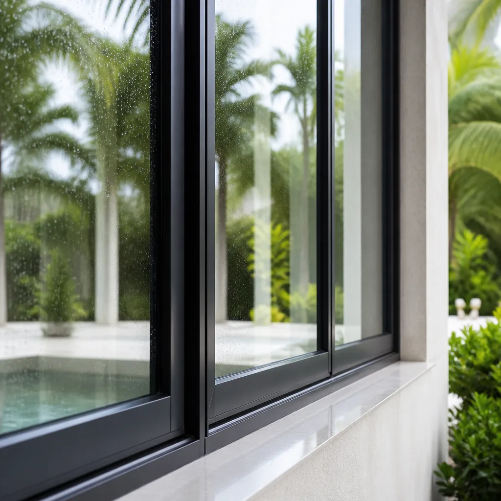Modern black frame window installation overlooking tropical outdoor pool