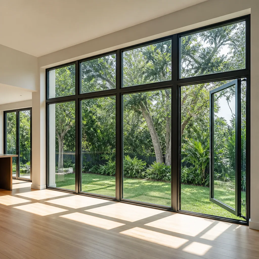 Modern floor-to-ceiling window wall with a custom open patio door